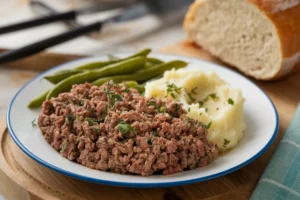 Close-up of tender, cooked ground beef in a skillet, showcasing a juicy and soft texture.