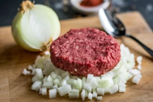 Close-up of ground beef mixed with milk in a bowl, demonstrating the tenderizing technique for juicier meat dishes.