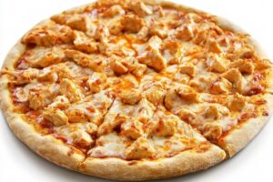 Buffalo Chicken Pizza topped with mozzarella, blue cheese, buffalo sauce, and red onions on a crispy crust.

