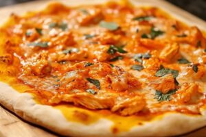 Buffalo Chicken Pizza topped with mozzarella, blue cheese, buffalo sauce, and red onions on a crispy crust.


