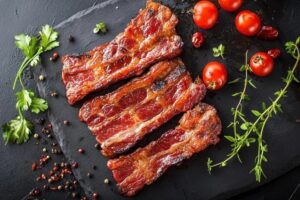 A plate of crispy beef bacon strips on a wooden table, showcasing a healthier alternative to traditional pork bacon.

