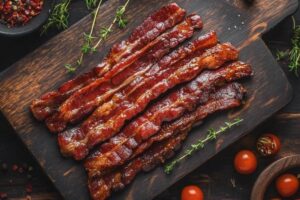 A plate of crispy beef bacon strips on a wooden table, showcasing a healthier alternative to traditional pork bacon.

