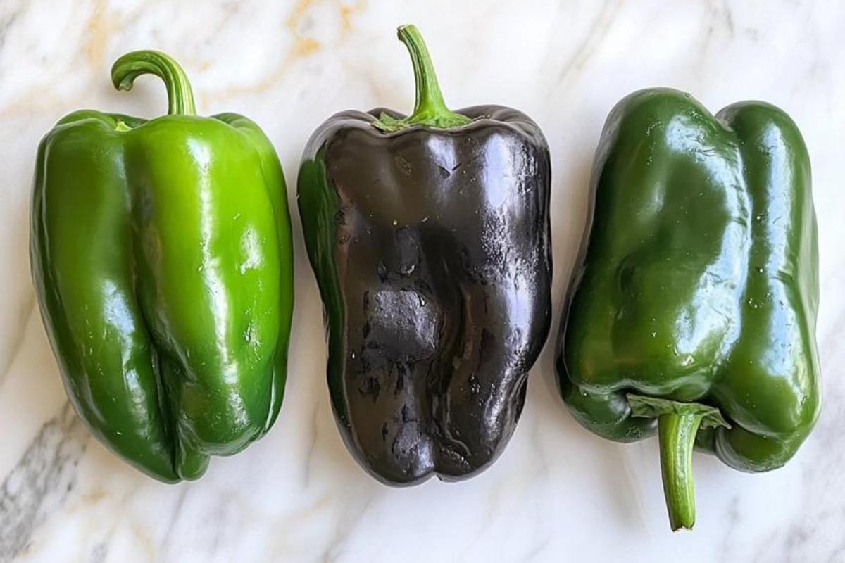 "Roasted poblano peppers with vibrant green skin, rich in vitamins and antioxidants"