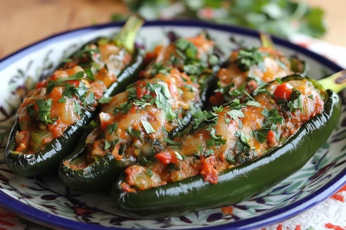 Roasted stuffed poblano peppers filled with cheese and ground beef, garnished with fresh cilantro and lime slices.