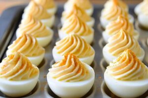 "Gourmet deviled eggs with truffle oil, smoked salmon, and caviar garnished with fresh herbs on a white serving plate."

