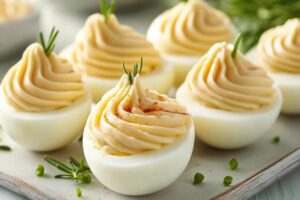 "Gourmet deviled eggs with truffle oil, smoked salmon, and caviar garnished with fresh herbs on a white serving plate."

