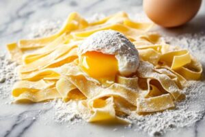 Fresh egg pasta dough being mixed with eggs for a rich, tender, and elastic texture.


