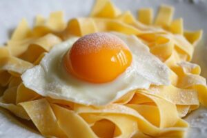 Fresh egg pasta dough being mixed with eggs for a rich, tender, and elastic texture.

