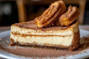 A slice of churro cheesecake with cinnamon sugar topping, layered with cream cheese filling and golden crescent roll crust.

