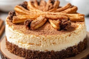 A slice of churro cheesecake with cinnamon sugar topping, layered with cream cheese filling and golden crescent roll crust.

