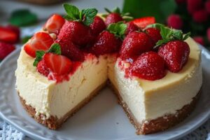 A slice of healthy Mexican cheesecake with a golden crust, topped with fresh berries and a drizzle of dulce de leche.

