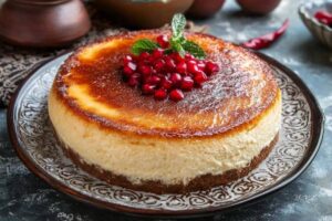 A slice of healthy Mexican cheesecake with a golden crust, topped with fresh berries and a drizzle of dulce de leche.

