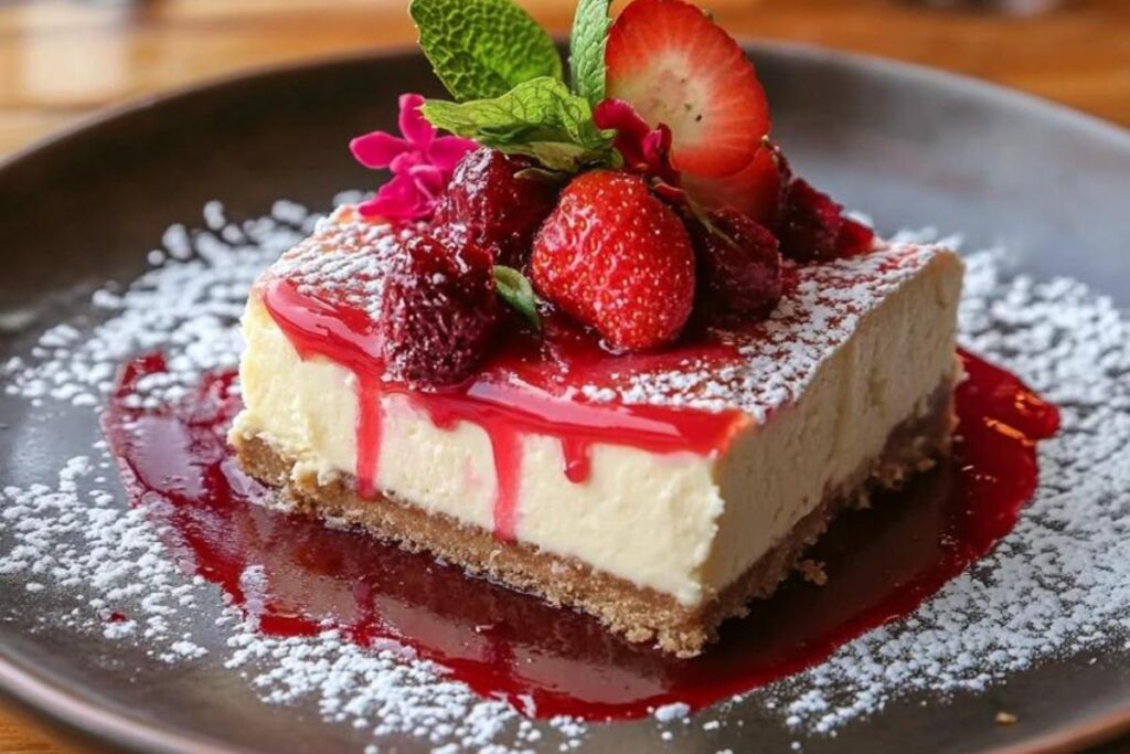 A slice of healthy Mexican cheesecake with a golden crust, topped with fresh berries and a drizzle of dulce de leche.