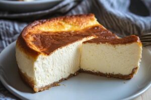 A slice of healthy Mexican cheesecake with a golden crust, topped with fresh berries and a drizzle of dulce de leche.

