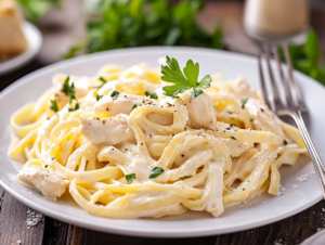 Healthy version of Chicken Alfredo with low-fat ingredients and whole grain pasta for a balanced, diet-friendly meal