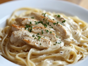 Healthy version of Chicken Alfredo with low-fat ingredients and whole grain pasta for a balanced, diet-friendly meal