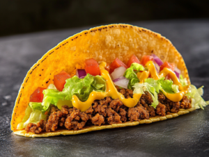 A fresco-style soft chicken taco from Taco Bell, served with black beans and salsa on the side, perfect for Weight Watchers.