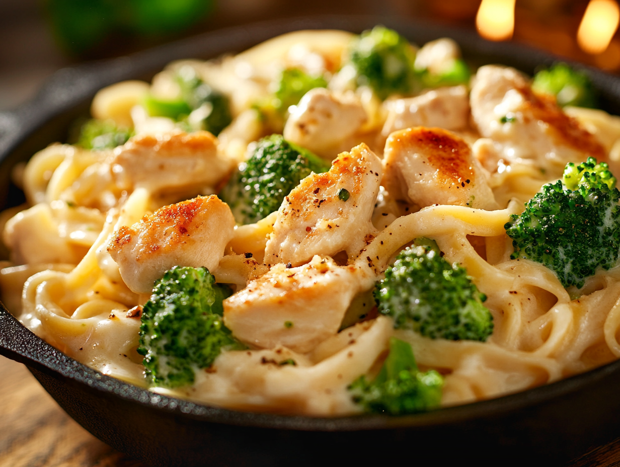 A bowl of creamy Chicken Alfredo with broccoli served with whole grain pasta and garnished with fresh herbs.