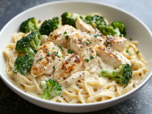 A bowl of creamy Chicken Alfredo with broccoli served with whole grain pasta and garnished with fresh herbs.