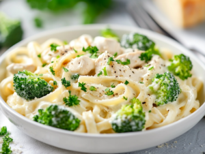 A bowl of creamy Chicken Alfredo with broccoli served with whole grain pasta and garnished with fresh herbs.