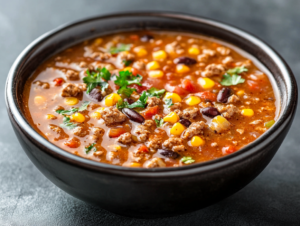 Bowl of taco soup with lean ground turkey, beans, corn, and tomatoes, topped with fresh cilantro and a lime wedge.