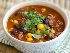 Bowl of taco soup with lean ground turkey, beans, corn, and tomatoes, topped with fresh cilantro and a lime wedge.