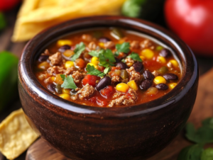 Bowl of taco soup with lean ground turkey, beans, corn, and tomatoes, topped with fresh cilantro and a lime wedge.