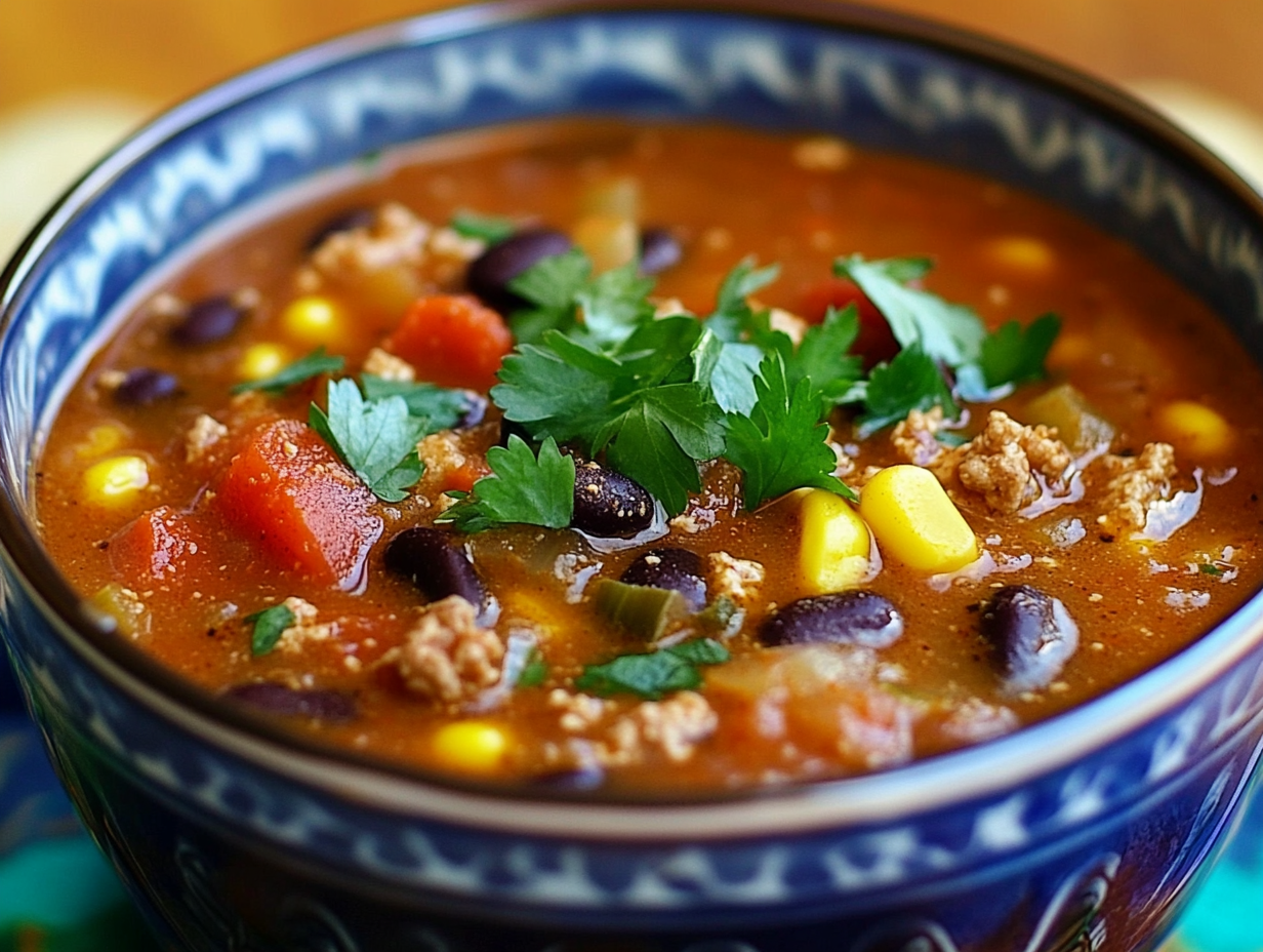 Bowl of taco soup with lean ground turkey, beans, corn, and tomatoes, topped with fresh cilantro and a lime wedge.