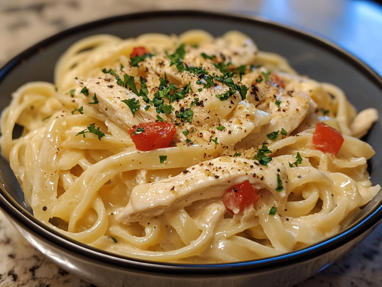Homemade Chicken Alfredo with low-calorie ingredients and healthy pasta substitutes