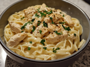Homemade Chicken Alfredo with low-calorie ingredients and healthy pasta substitutes