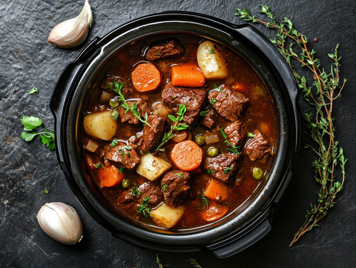 Beef stew cooked in both Instant Pot and Crockpot for comparison of flavor and tenderness