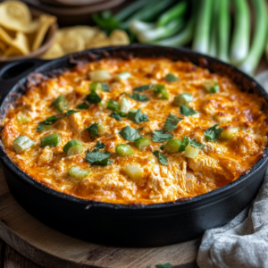 Buffalo chicken dip made with shredded chicken, cream cheese, hot sauce, and cheddar cheese, served with tortilla chips.