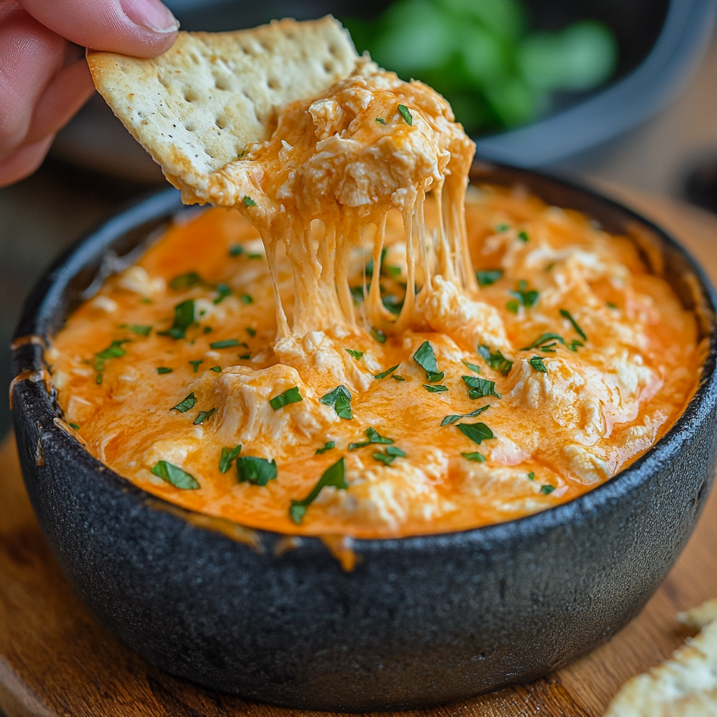 Buffalo chicken dip made with shredded chicken, cream cheese, hot sauce, and cheddar cheese, served with tortilla chips.