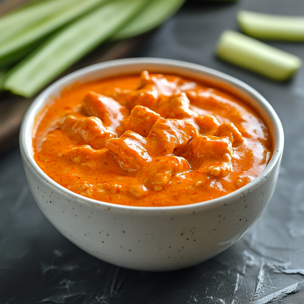 A bowl of homemade buffalo chicken sauce with cayenne pepper, butter, and garlic powder arranged around it