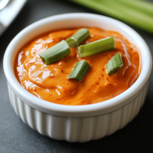 A bowl of homemade buffalo chicken sauce with cayenne pepper, butter, and garlic powder arranged around it