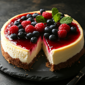 A perfectly baked cheesecake with a golden graham cracker crust and creamy filling, topped with fresh fruit and mint.