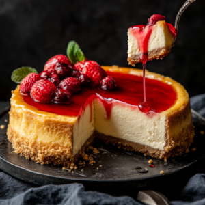 A perfectly baked cheesecake with a golden graham cracker crust and creamy filling, topped with fresh fruit and mint.