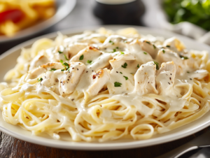 Plate of creamy Chicken Alfredo pasta with grilled chicken and Parmesan cheese.