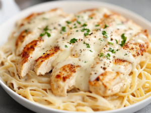 Plate of creamy Chicken Alfredo pasta with grilled chicken and Parmesan cheese.