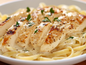 Plate of creamy Chicken Alfredo pasta with grilled chicken and Parmesan cheese.