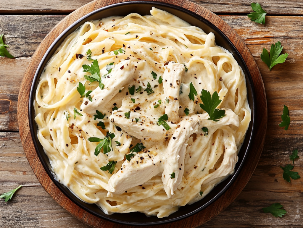 Plate of creamy Chicken Alfredo pasta with grilled chicken and Parmesan cheese.