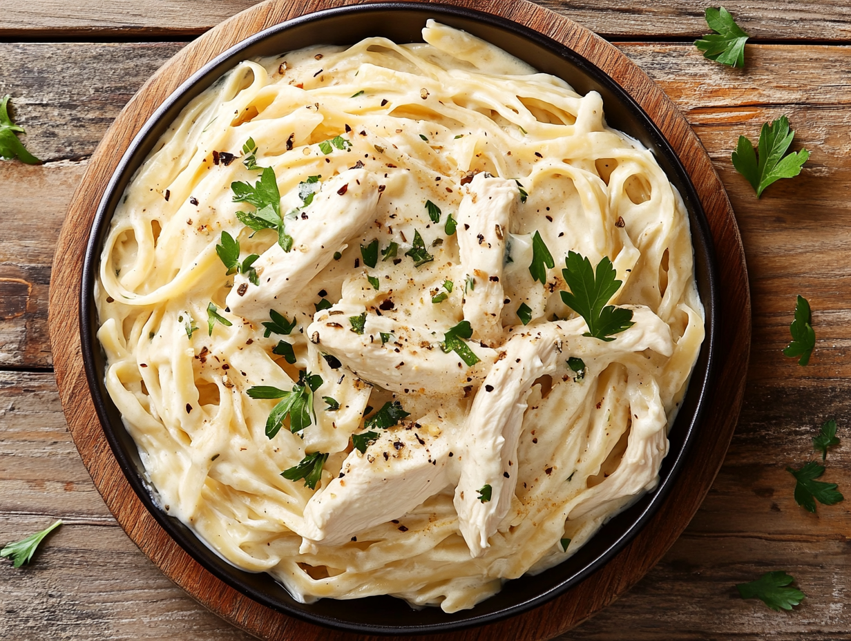 Plate of creamy Chicken Alfredo pasta with grilled chicken and Parmesan cheese.