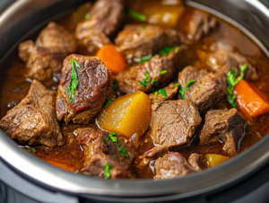 Tender Instant Pot stew meat in a rich, flavorful broth