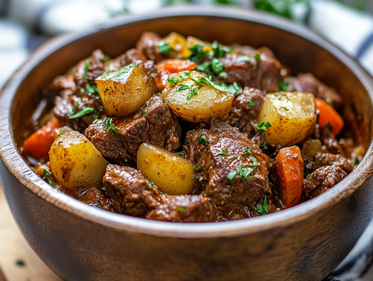 Tender Instant Pot stew meat in a rich, flavorful broth