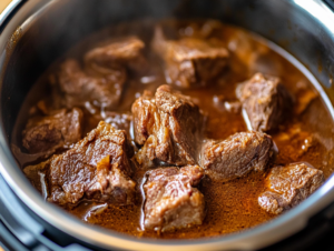 Tender Instant Pot stew meat in a rich, flavorful broth

