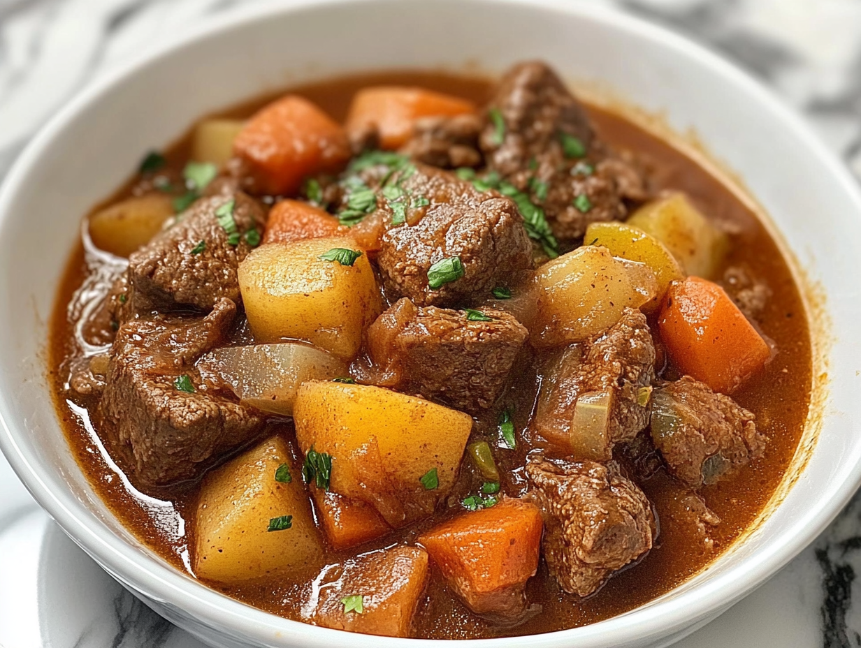 A hearty bowl of beef stew made in an Instant Pot, featuring tender beef chunks, potatoes, carrots, and fresh herbs.