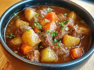 A hearty bowl of beef stew made in an Instant Pot, featuring tender beef chunks, potatoes, carrots, and fresh herbs.