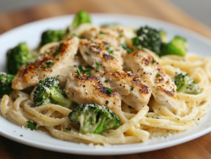 Chicken and broccoli Alfredo without pasta served in a creamy sauce, garnished with fresh herbs in a low-carb, keto-friendly dish.