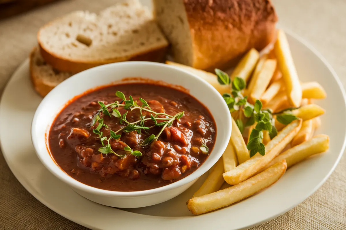 A bowl of traditional Hungarian goulash with chunks of beef, vegetables, and a rich paprika-infused sauce.