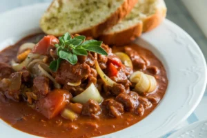 A bowl of traditional Hungarian goulash with chunks of beef, vegetables, and a rich paprika-infused sauce.